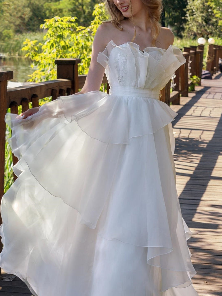 Robe de Mariée Trapèze/Princesse Sans Manches, Longueur Au Sol, Sans Bretelles, avec Volants
