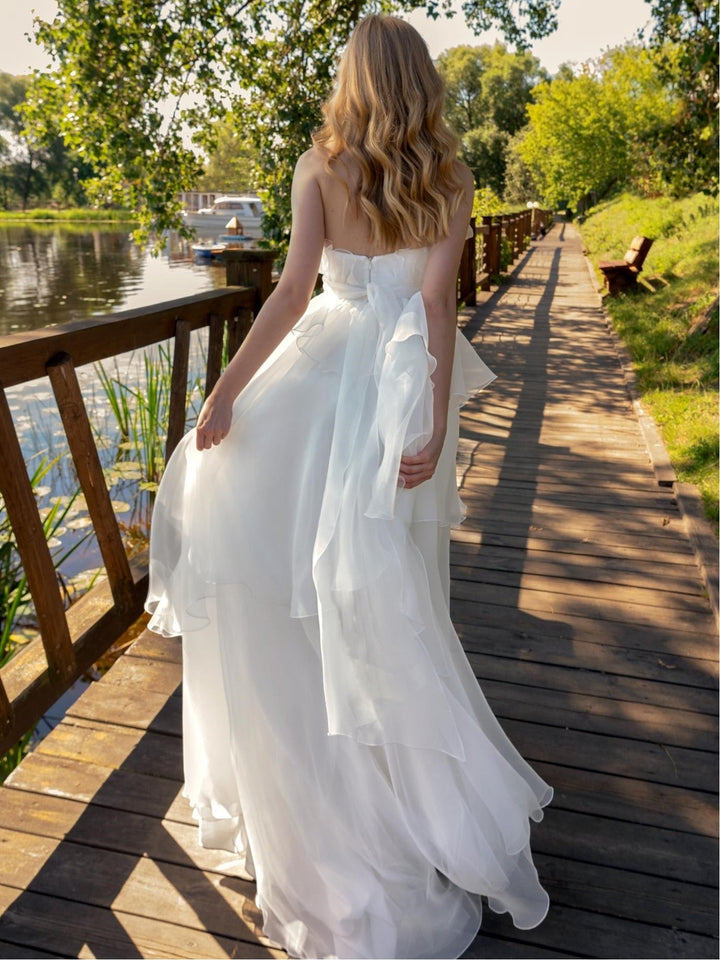 Robe de Mariée Trapèze/Princesse Sans Manches, Longueur Au Sol, Sans Bretelles, avec Volants