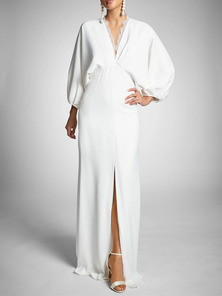 Robe de Mariée Fourreau/Colonne à Manches Longues et Décolleté en V Plongeant