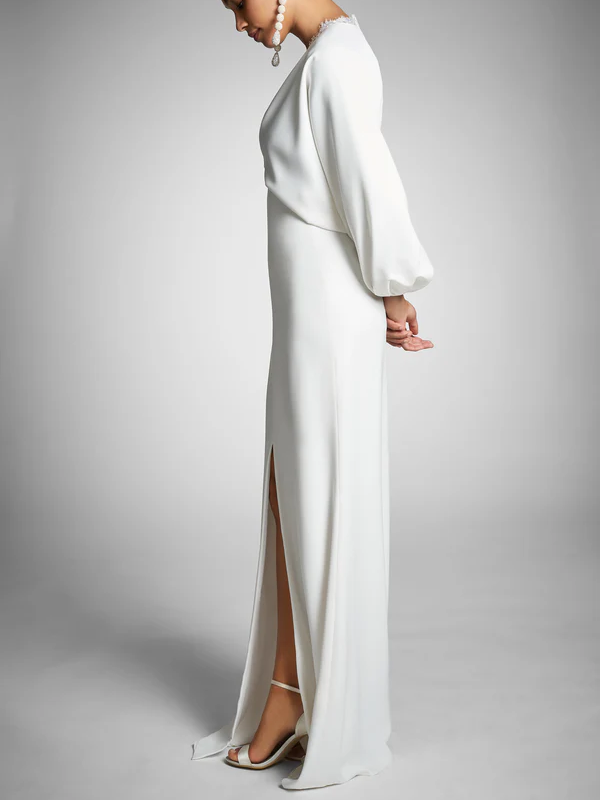 Robe de Mariée Fourreau/Colonne à Manches Longues et Décolleté en V Plongeant