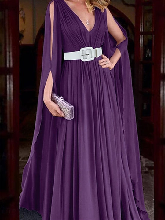 Ligne A Floor Length Long Manche Col en V Robes d'Invité de Mariage  Mousseline avec Ceinture