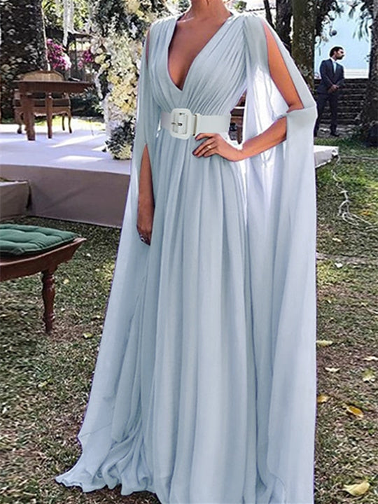 Ligne A Floor Length Long Manche Col en V Robes d'Invité de Mariage  Mousseline avec Ceinture