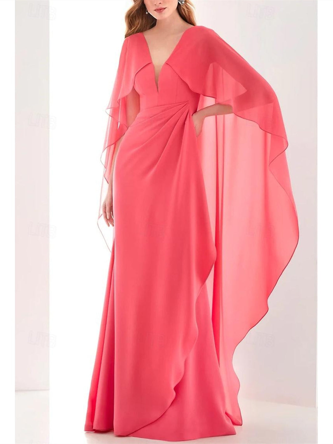 Gaine/Colonne Ankle Length Long Manche Col en V Wedding  Guest Robe Mousseline avec Ruché Froufrous