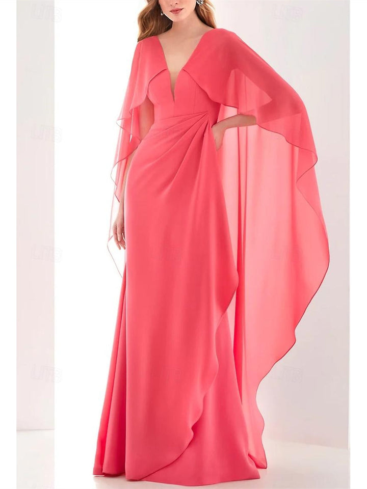 Gaine/Colonne Ankle Length Long Manche Col en V Wedding  Guest Robe Mousseline avec Ruché Froufrous