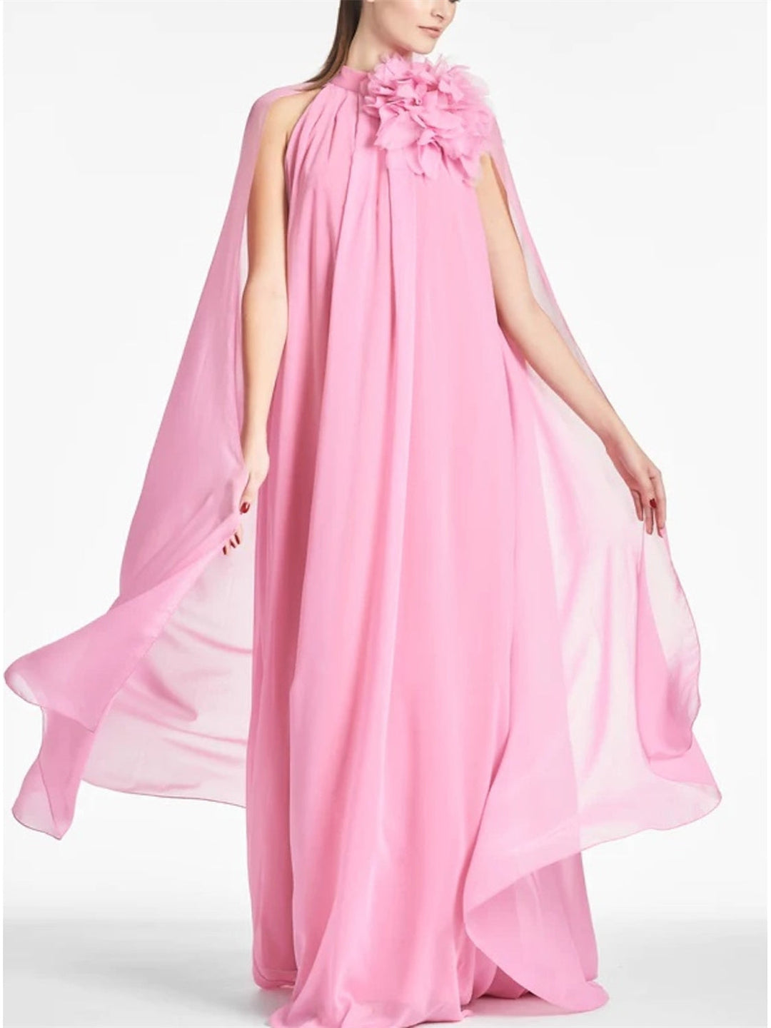 Ligne A  Floor Length Sans Manches Collier Bijou Wedding Guest Robe Mousseline avec Shouder Fleur