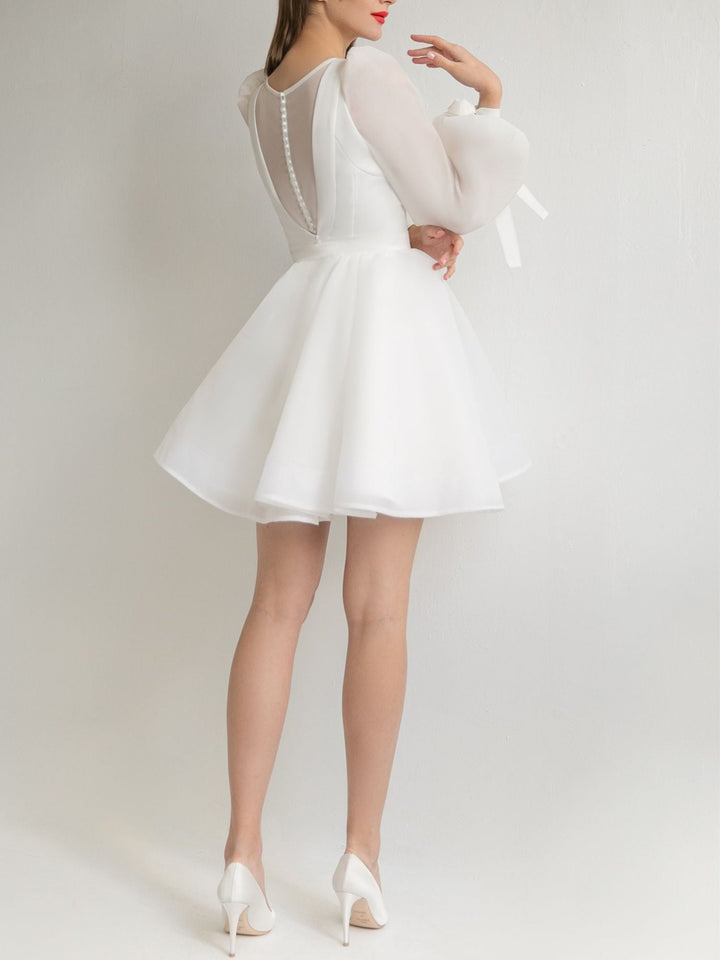Robe de Mariée Courte à Manches Longues et Col Rond, Coupe A-Line/Princesse