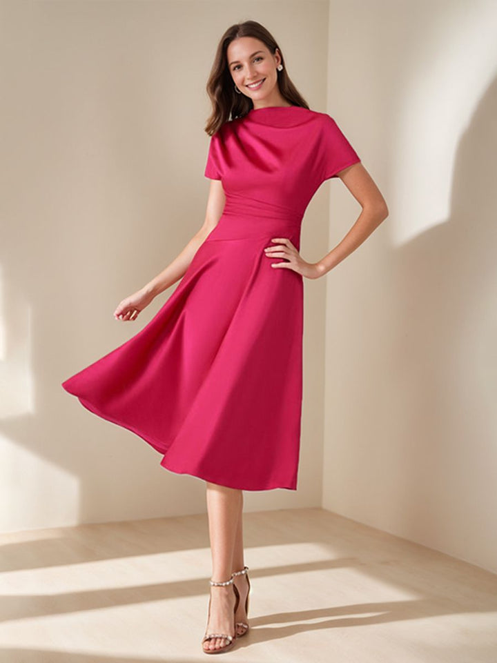 Ligne A/Princesse Scoop Neck Manches Courtes Longueur Genou Élégant Wedding Guest Robe avec Ruché