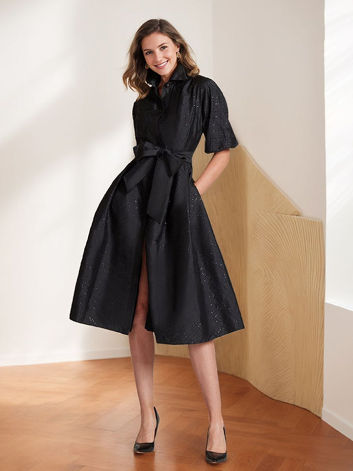 Ligne A/Princesse Shirt Collar Demi-manches Longueur Genou Chic Wedding Guest Robe avec Bow Ceinture