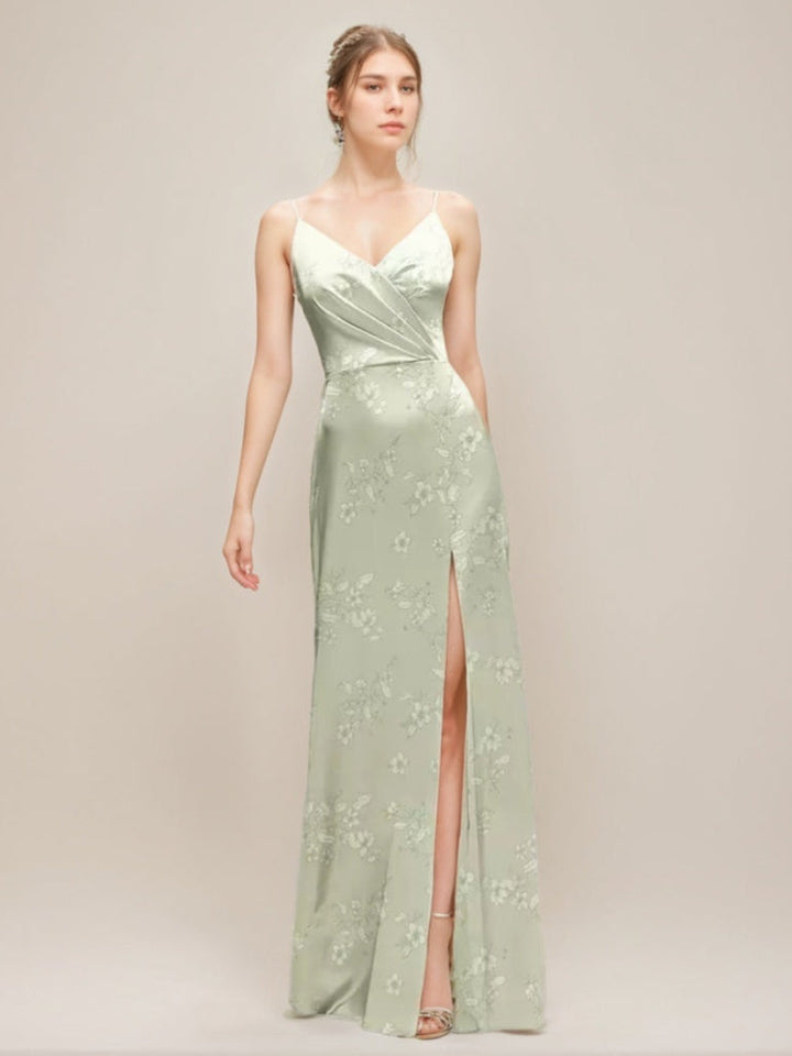 Gaine/Colonne Bretelles Spaghetti Col en V Ruché Printed Floral Robes d'Invité de Mariage avec High Slit