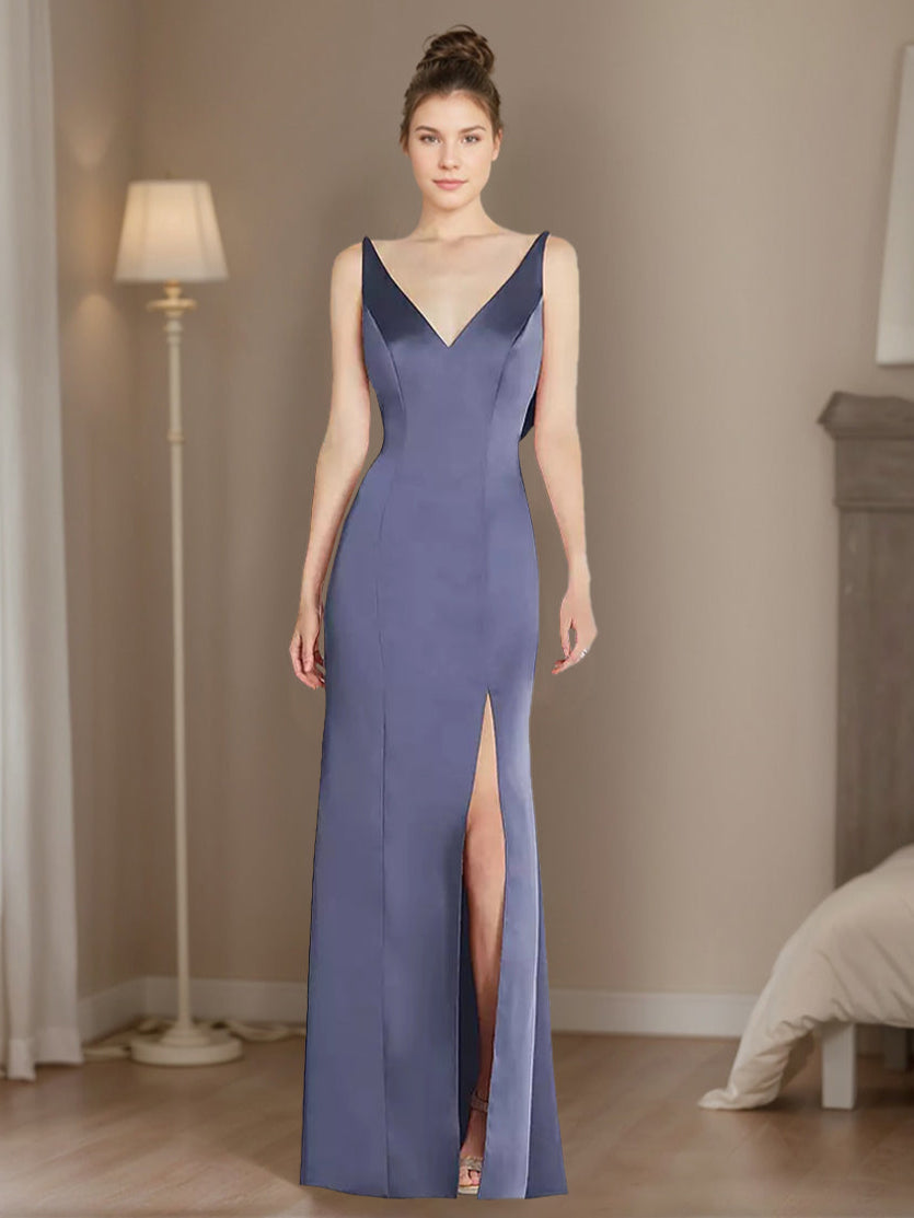 Gaine/Colonne Col en V Sans Manches Cowl-back La Longueur du Sol Robes d'Invité de Mariage avec Plis & Slit