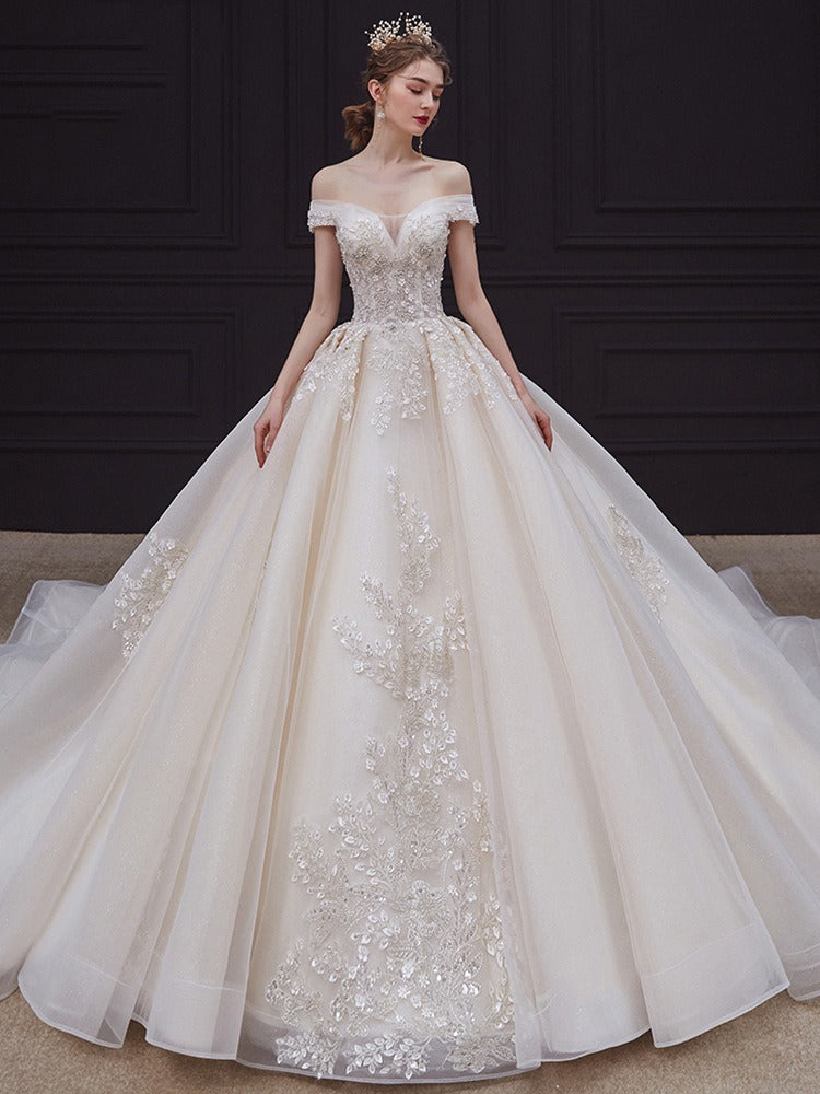 Robe De Bal Hors De L'épaule, Longueur Au Sol, Plissée, Avec Appliques En Dentelle