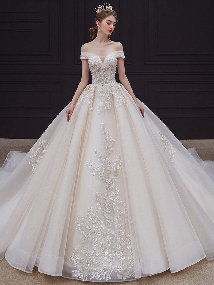 Robe De Bal Hors De L'épaule, Longueur Au Sol, Plissée, Avec Appliques En Dentelle