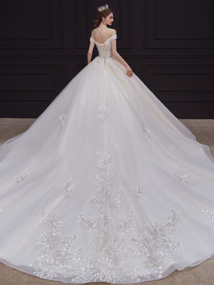 Robe De Bal Hors De L'épaule, Longueur Au Sol, Plissée, Avec Appliques En Dentelle