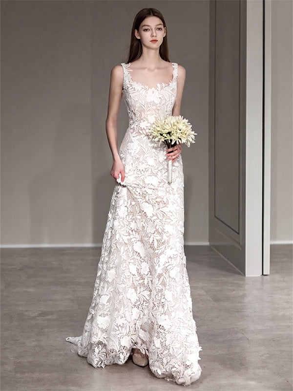 Robe De Mariée Coupe A/Princesse, Col Arrondi, Sans Manches, Traîne Légère, Avec Appliques En Dentelle