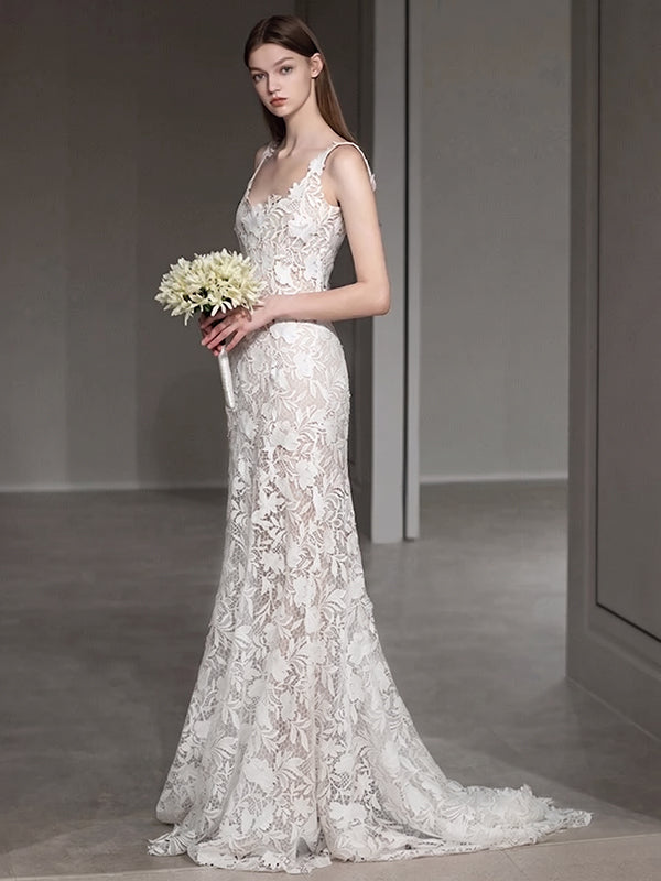 Robe De Mariée Coupe A/Princesse, Col Arrondi, Sans Manches, Traîne Légère, Avec Appliques En Dentelle