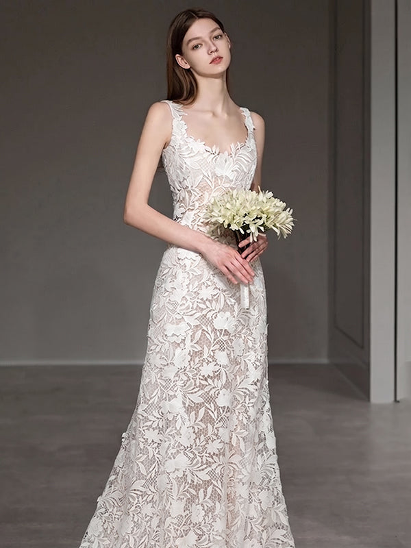 Robe De Mariée Coupe A/Princesse, Col Arrondi, Sans Manches, Traîne Légère, Avec Appliques En Dentelle