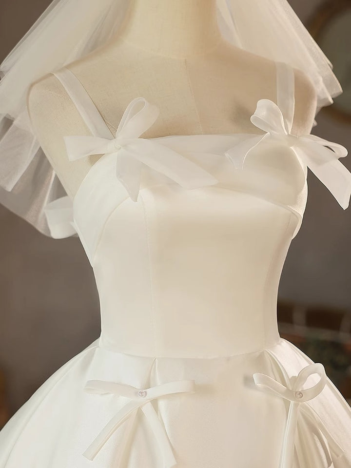 Robe De Mariée Coupe A/Princesse, Bretelles Fines, Sans Manches, Longueur Du Thé, Plissée, Avec Nœuds Et Laçage