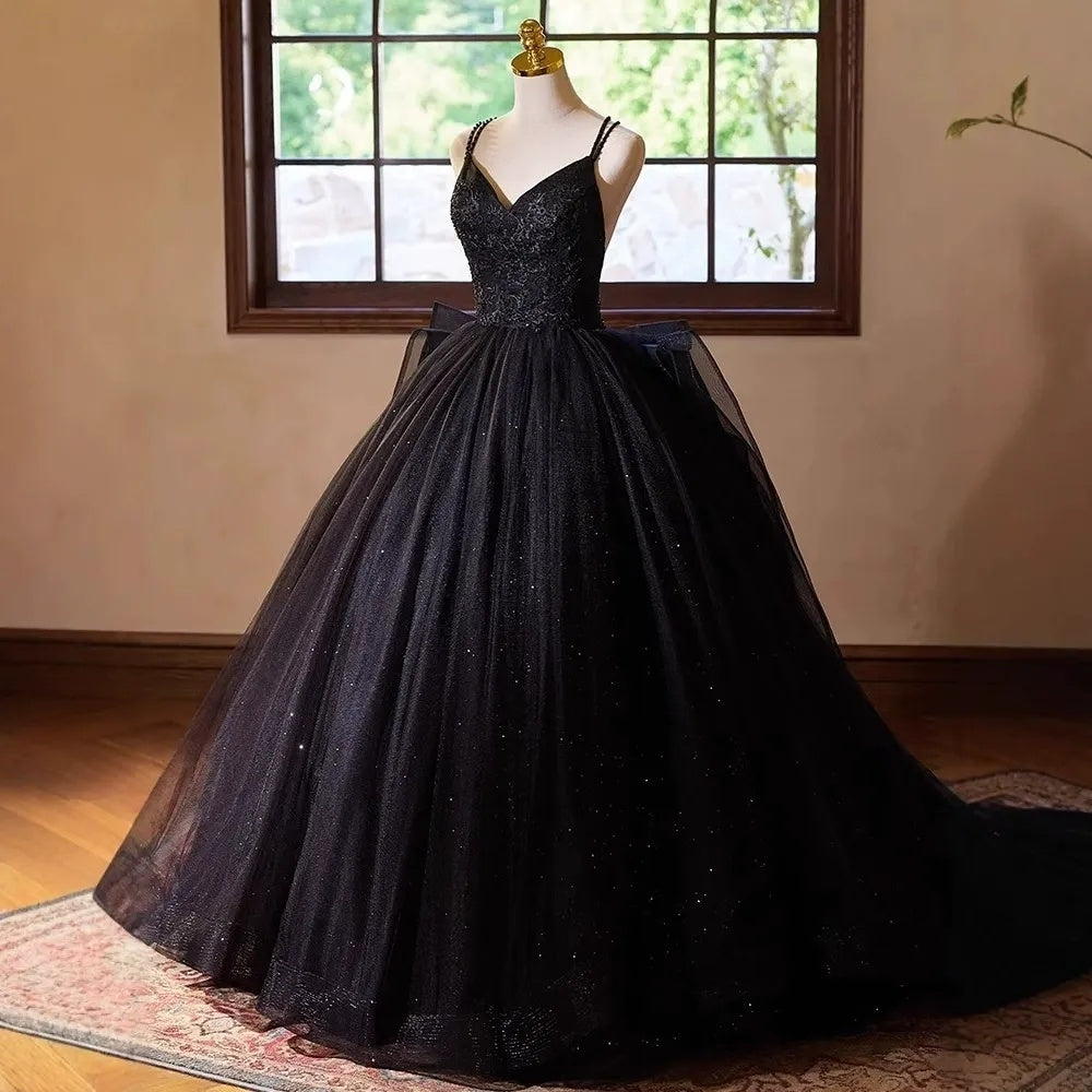 Robe De Bal À Doubles Bretelles Fines, Longueur Au Sol, Robe De Mariée Noire Avec Laçage Croisé
