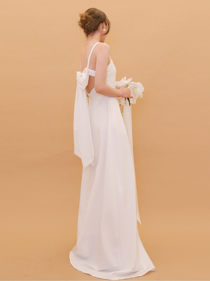 Robe De Mariée Forme A/Princesse, Bretelles Fines, Sans Manches, Longueur au sol, Avec Nœud