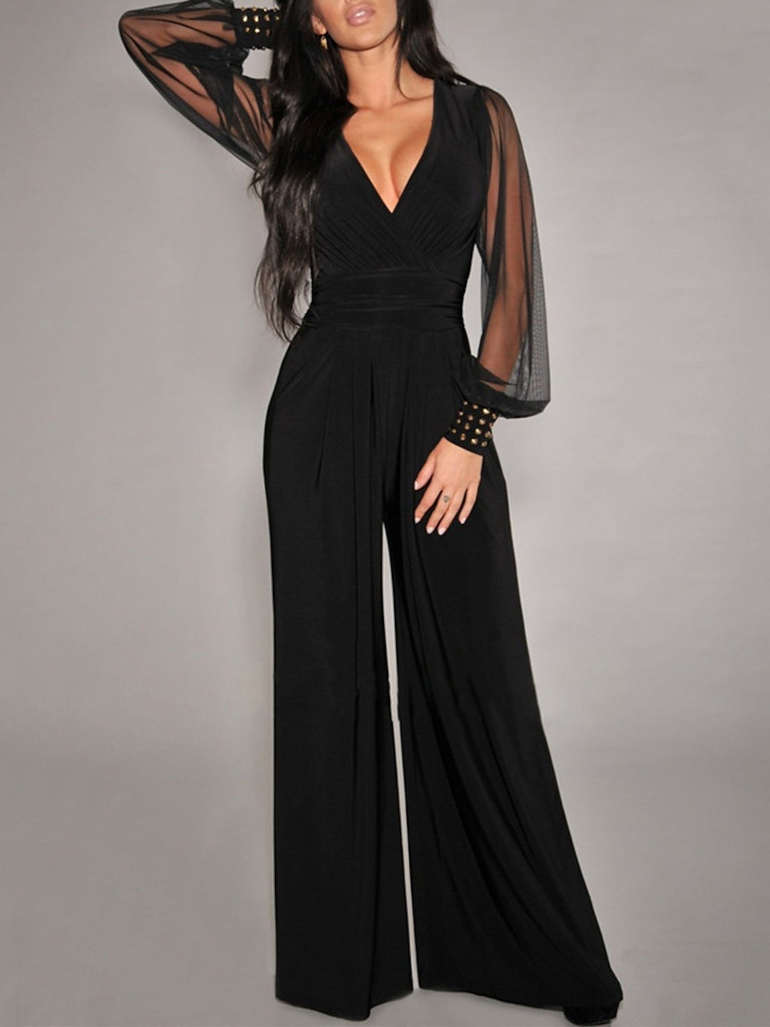 Col en V Manches Longues La Longueur du Sol Wedding Guest Jumpsuits avec Metallic Studs