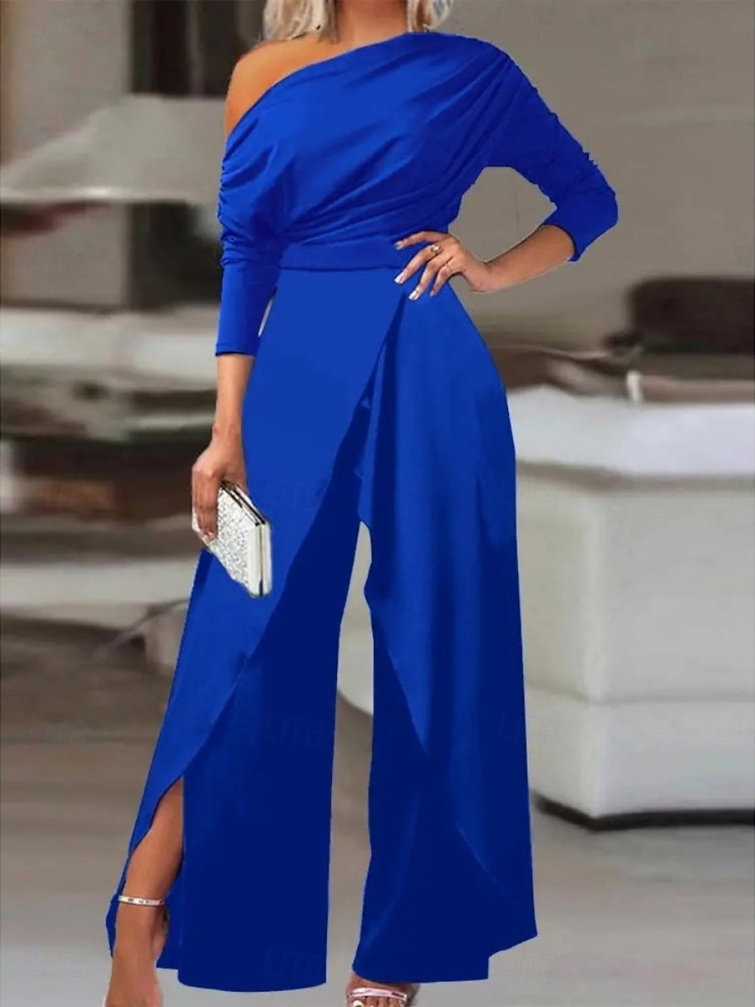 Une Épaule 3/4 Manches Longueur de La Cheville Ruché Wedding Guest Jumpsuits avec High Front Slit