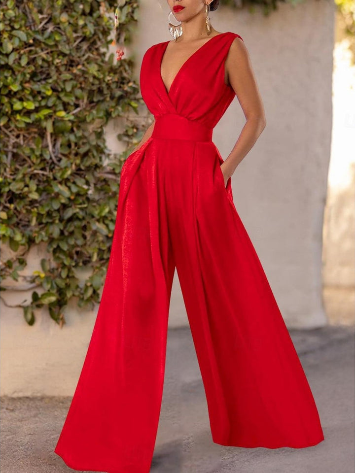 Plunge Col en V Sans Manches La Longueur du Sol Ruché Wedding Guest Jumpsuits avec Plis & Les Poches