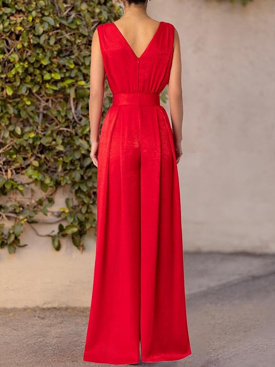 Plunge Col en V Sans Manches La Longueur du Sol Ruché Wedding Guest Jumpsuits avec Plis & Les Poches
