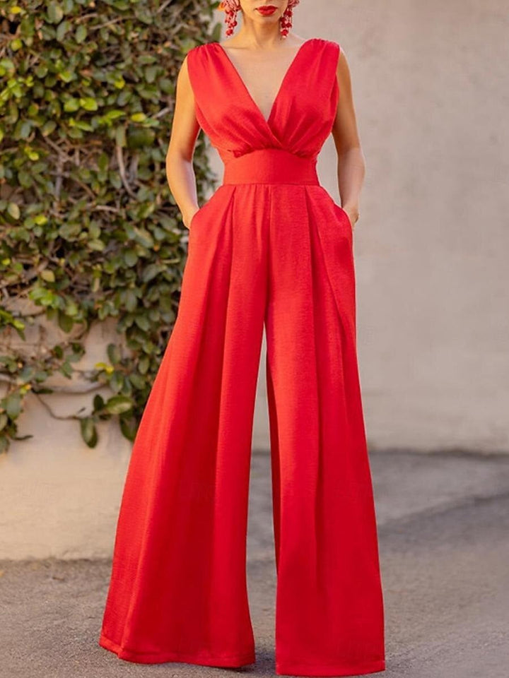 Plunge Col en V Sans Manches La Longueur du Sol Ruché Wedding Guest Jumpsuits avec Plis & Les Poches