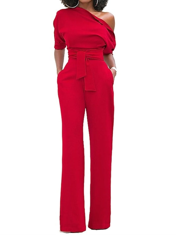 Une Épaule Demi-manches La Longueur du Sol Wedding Guest Jumpsuits avec Self-tie Ceinture & Les Poches