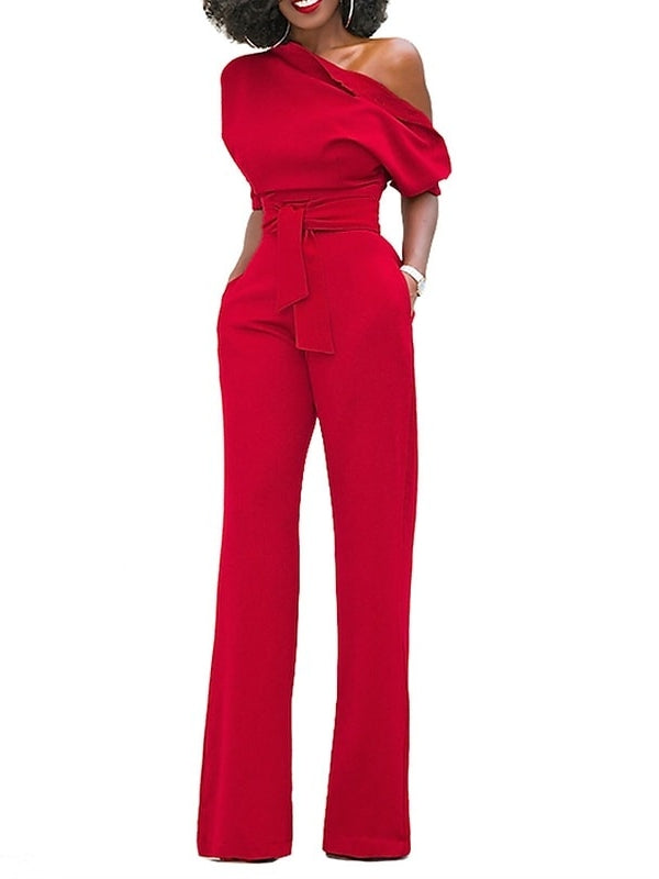 Une Épaule Demi-manches La Longueur du Sol Wedding Guest Jumpsuits avec Self-tie Ceinture & Les Poches