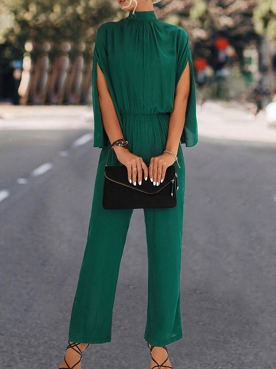 Col Haut Cape Sleeves Longueur de La Cheville Pleated Wedding Guest Jumpsuits avec Self-tie