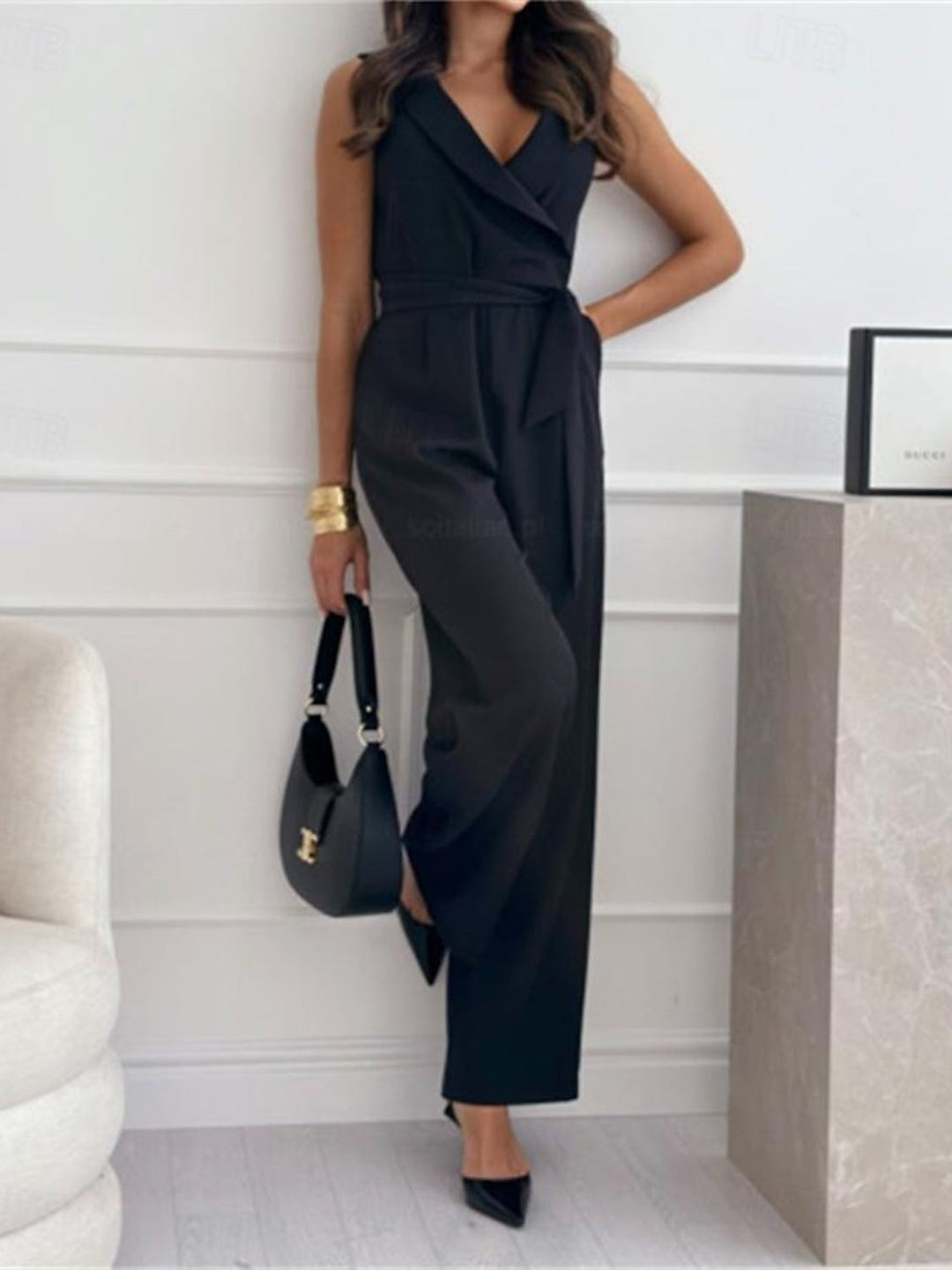 Col en V Sans Manches Longueur de La Cheville Ruché Wedding Guest Jumpsuits avec Self-tie Ceinture