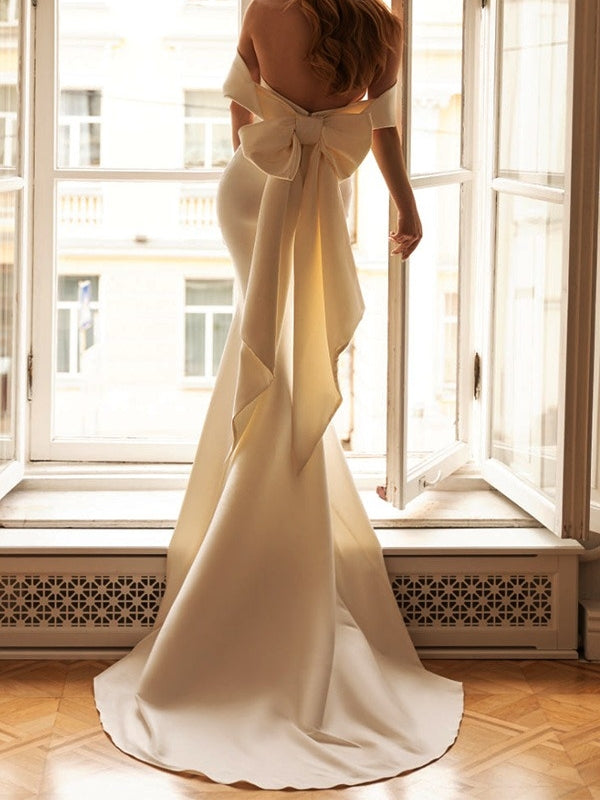 Robe De Mariée Forme Trompette/Sirène, Hors de l'épaule, Sans Manches, Traîne Légère, Avec Nœud