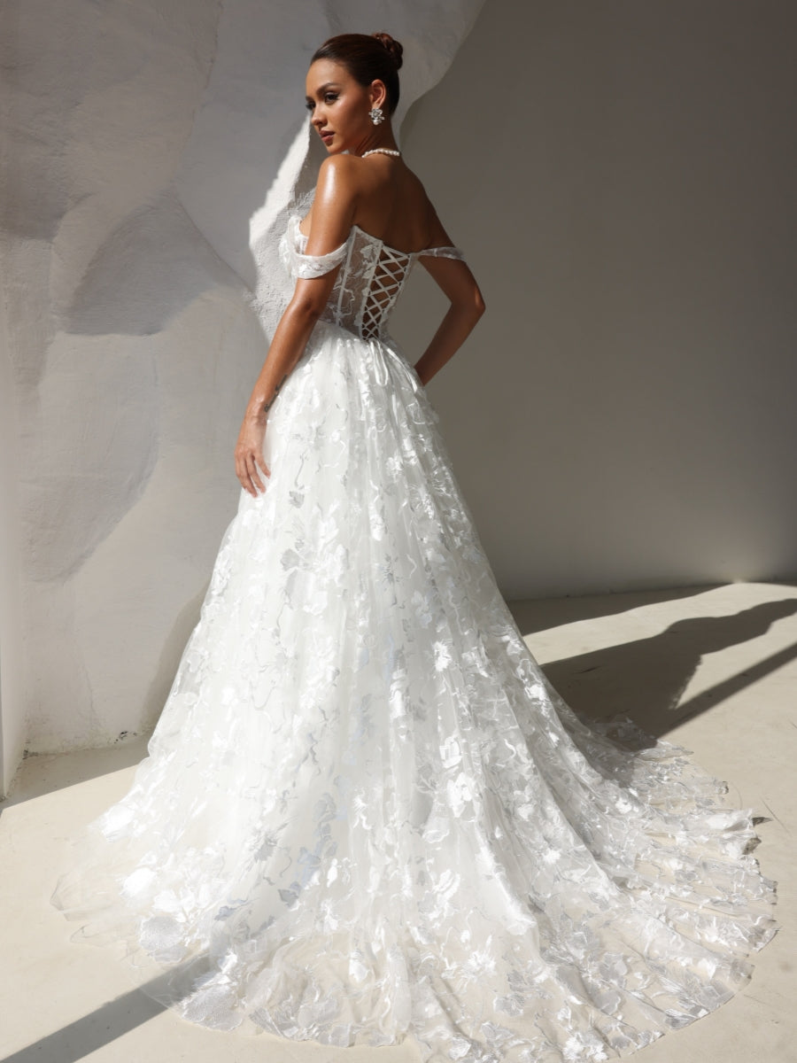 Robe De Mariée Forme A/Princesse, Décolleté Cœur, Dentelle, Traîne Légère