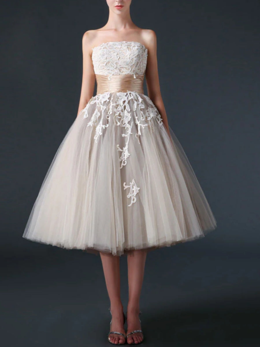 Robe de bal sans bretelles, dentelle et tulle, petite robe blanche avec ceinture à volants, longueur du thé