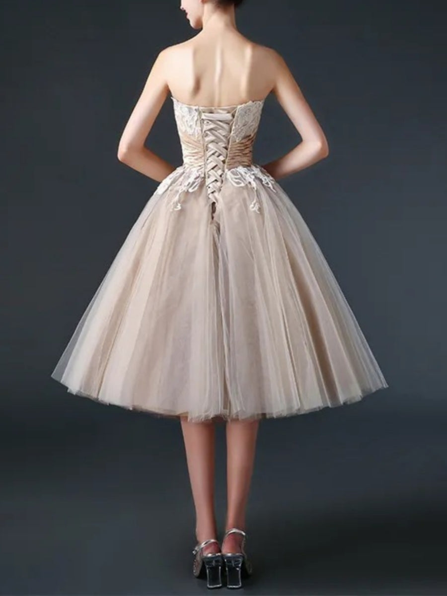 Robe de bal sans bretelles, dentelle et tulle, petite robe blanche avec ceinture à volants, longueur du thé