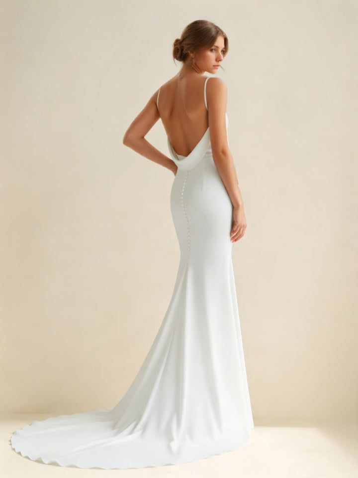 Robe De Mariée Forme Trompette/Sirène, Bretelles Fines, Satin de Soie, Col V, Longueur Au Sol, Traîne Légère