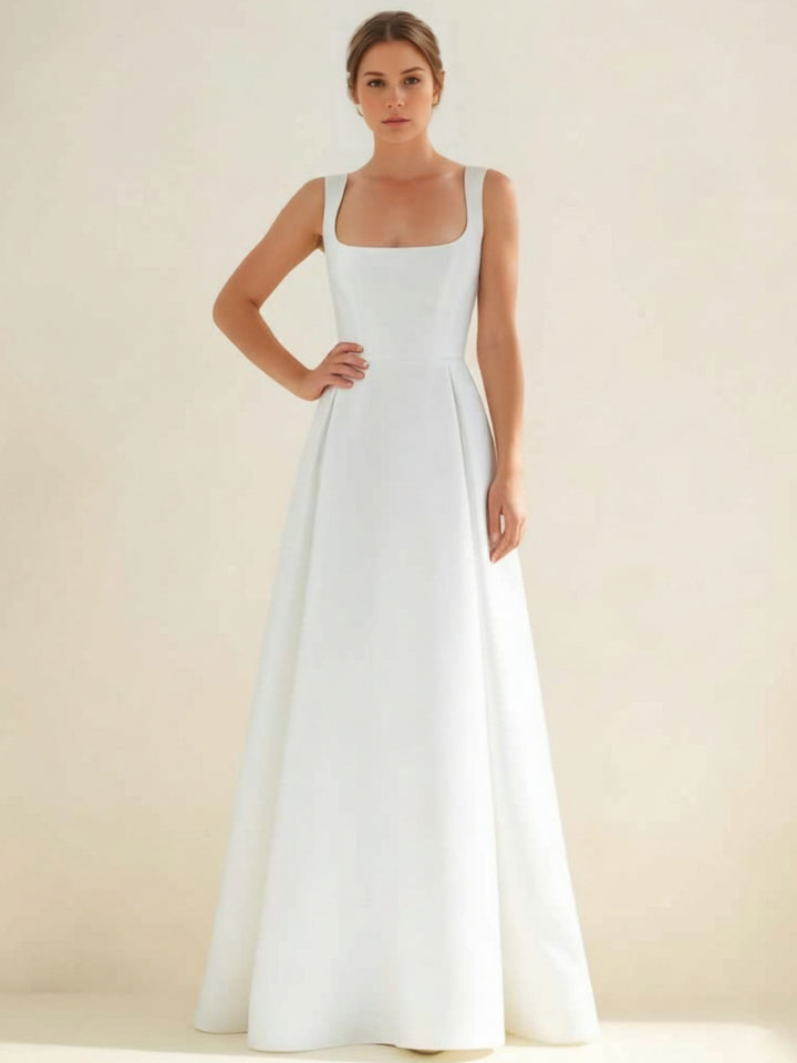 Robe De Mariée Forme A/Princesse, Col Carré, Satin, Longueur Au Sol, Sans Manches, Blanc
