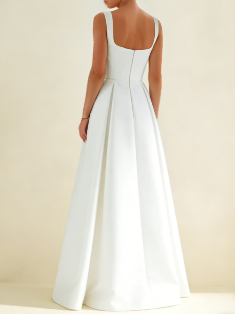 Robe De Mariée Forme A/Princesse, Col Carré, Satin, Longueur Au Sol, Sans Manches, Blanc