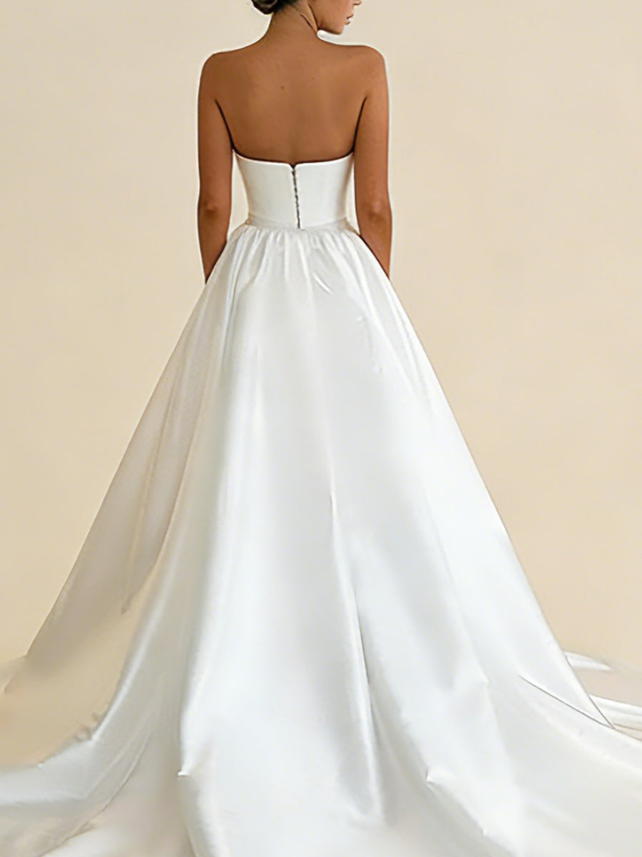Robe De Mariée Forme A/Princesse, Sans Bretelles, Satin, Longueur Au Sol, Traîne Légère, Robe De Bal, Volants
