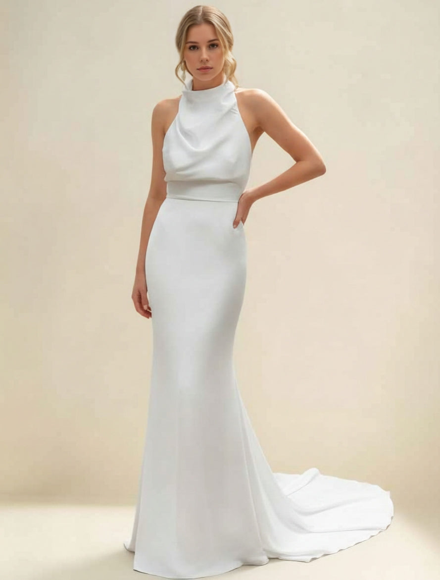 Robe De Mariée Forme Trompette/Sirène, Col Licou, Satin, Longueur Au Sol, Traîne Légère, Sans Manches