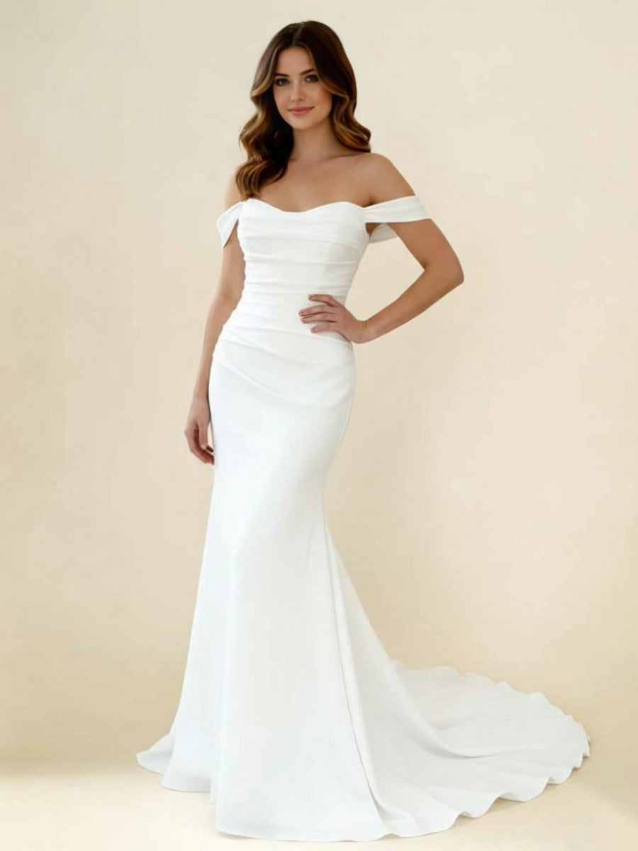Robe De Mariée Forme Trompette/Sirène, Hors de l'épaule, Mousseline, Longueur Au Sol, Traîne Légère, Sans Manches, Froncé
