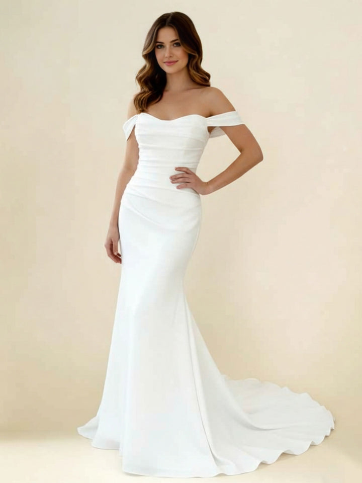 Robe De Mariée Forme Trompette/Sirène, Hors de l'épaule, Mousseline, Longueur Au Sol, Traîne Légère, Sans Manches, Froncé