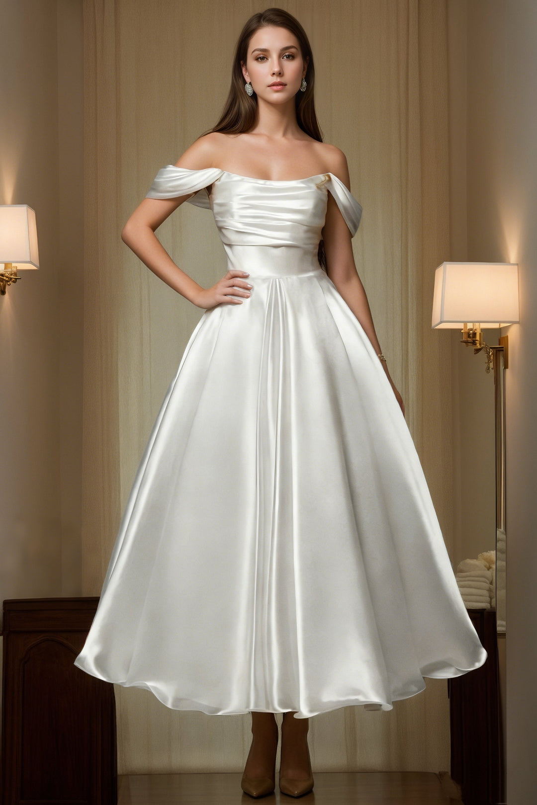 Robe De Mariée Forme A/Princesse, Hors de l'épaule, Satin de Soie, Longueur Cheville, Sans Manches, Froncé
