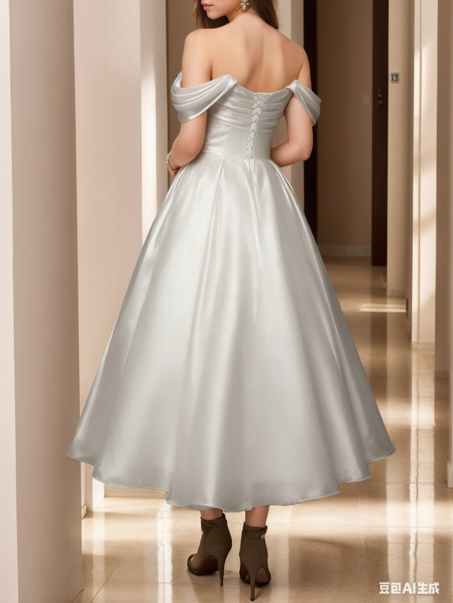 Robe De Mariée Forme A/Princesse, Hors de l'épaule, Satin de Soie, Longueur Cheville, Sans Manches, Froncé