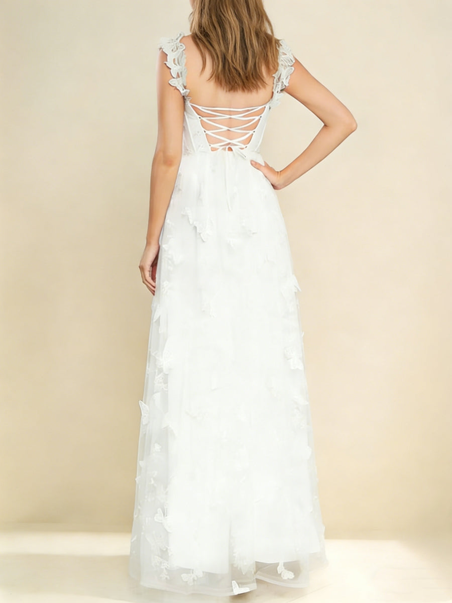 Robe De Mariée Forme A/Princesse, Décolleté Cœur, Dentelle, Papillons 3D, Longueur Au Sol, Sans Manches