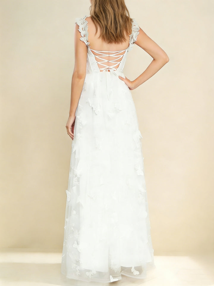 Robe De Mariée Forme A/Princesse, Décolleté Cœur, Dentelle, Papillons 3D, Longueur Au Sol, Sans Manches