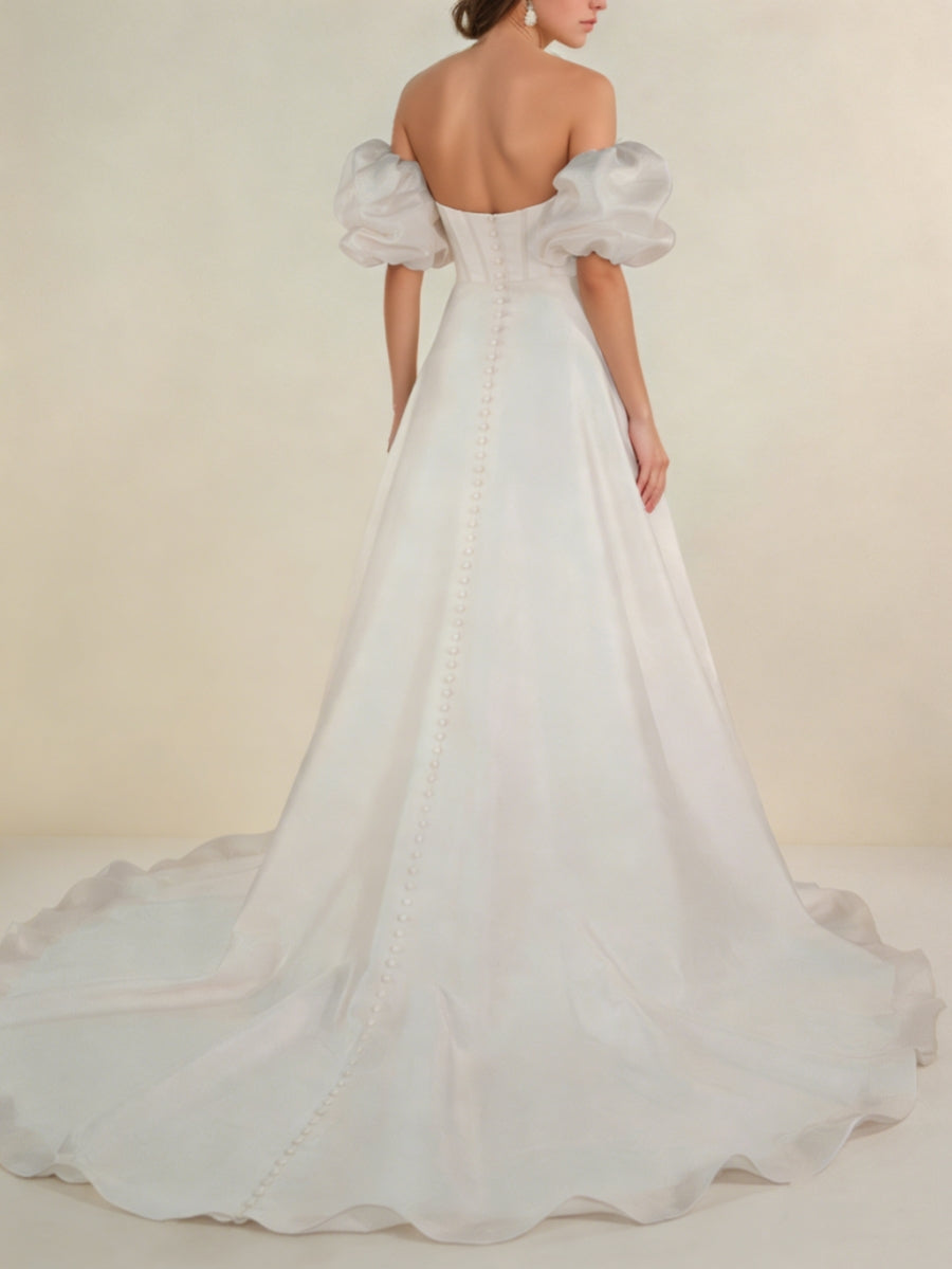 Robe De Mariée Forme A/Princesse, Hors de l'épaule, Satin, Longueur Au Sol, Traîne Courte, Manches Amovibles, Froncé
