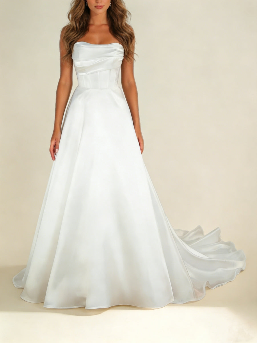 Robe De Mariée Forme A/Princesse, Hors de l'épaule, Satin, Longueur Au Sol, Traîne Courte, Manches Amovibles, Froncé
