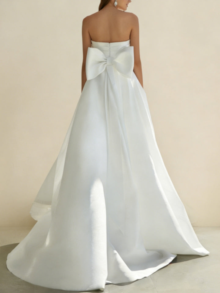 Robe Mariée Combinaison/Pantalon, Décolleté Cœur, Satin, Sans Manches, Surjupe Amovible Avec Nœud